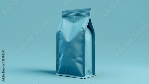 Flat-Bottomed Coffee Pouch Bag Mockup, Degas Valve, Zipper, Blue Background photo