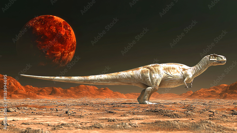 Obraz premium Dinosaur on Alien Planet: Prehistoric Beast in a Martian Landscape