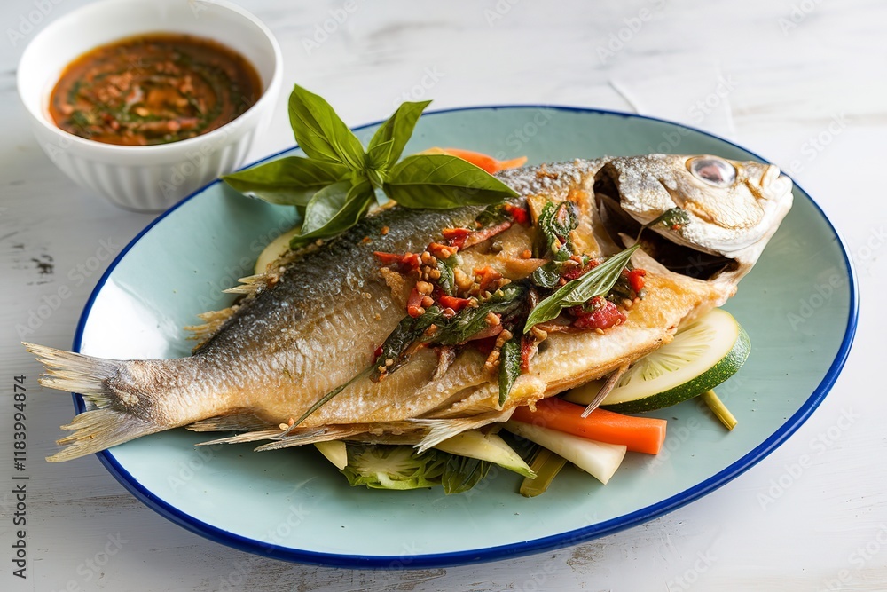 a fried fish with basil sauce on a plate