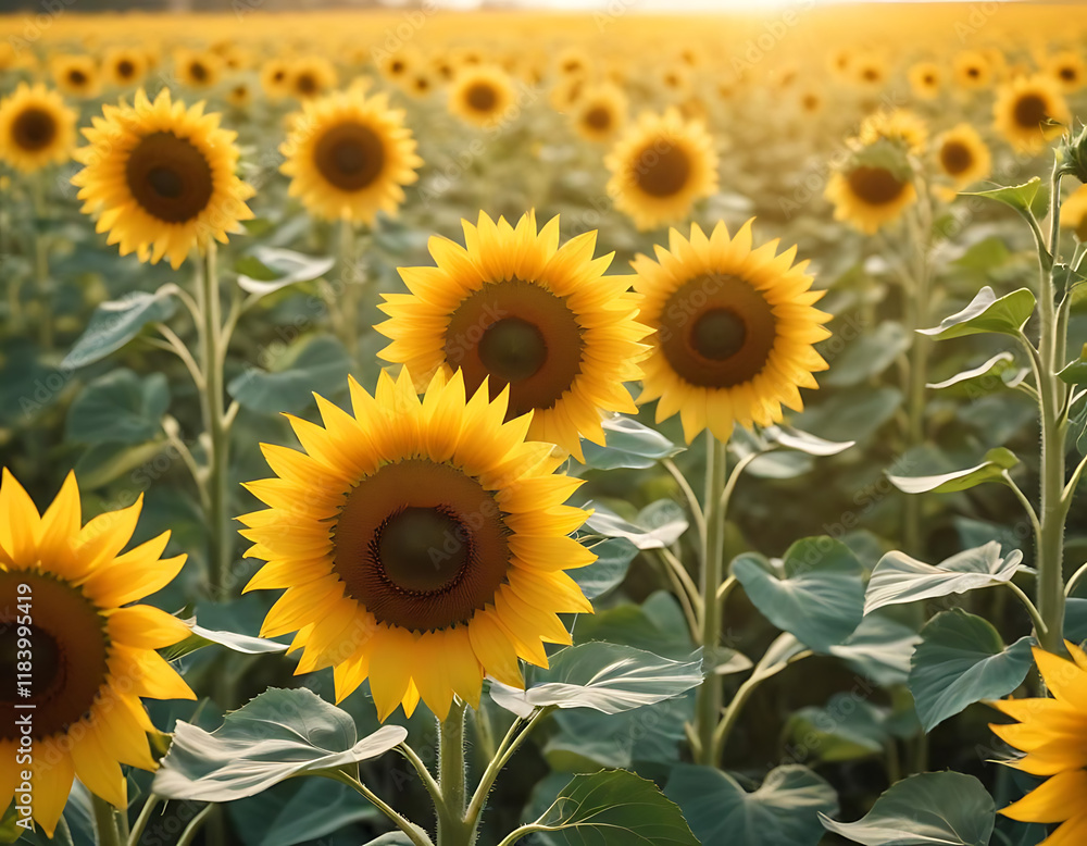 Fototapeta premium A sunflower field in full bloom under a sunny sky.