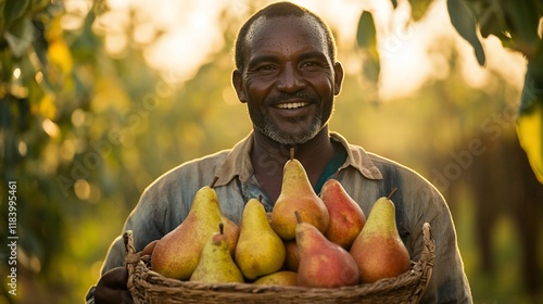 Happy farmer holding basket of pears at sunset.