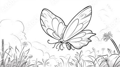  A very simple, cute cartoon-style butterfly illustration perfect for a kids' drawing activity page.
