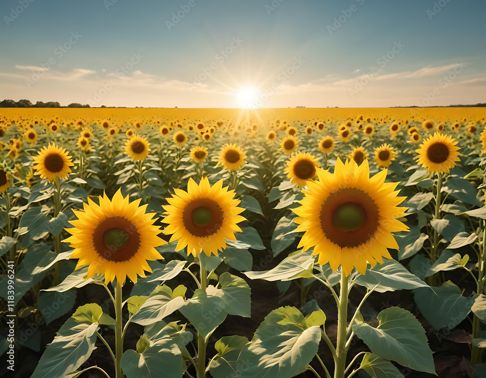 Fototapeta premium A sunflower field in full bloom under a sunny sky.