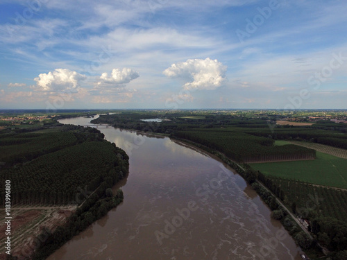Aerial image of PO river in flood in the province of Reggio Emilia, Italy
