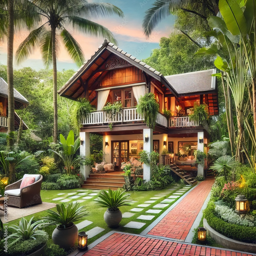 Obraz premium Charming tropical home for sale amidst lush greenery and brick pathway