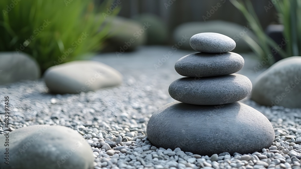 Serene Gray Zen Garden, Stacked Stones and Gravel, Tranquil Meditation Scene Serene Gray Zen Garden, Stacked Stones and Gravel, Tranquil Meditation Scene