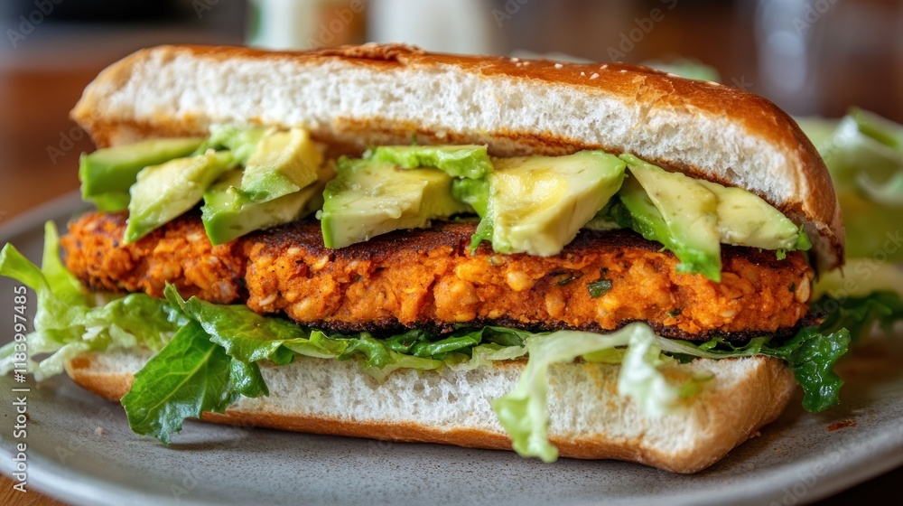 Delicious Spicy Sweet Potato & Chickpea Burger in a Bun with Avocado Delicious Spicy Sweet Potato & Chickpea Burger in a Bun with Avocado