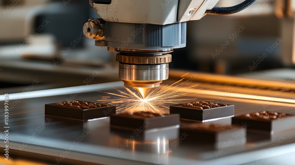 A close-up shot of an industrial laser cutting through metal, with sparks flying and a glowing beam focused on the material, showcasing its precision in a manufacturing plant. A close-up shot of an industrial laser cutting through metal, with sparks flying and a glowing beam focused on the material, showcasing its precision in a manufacturing plant.