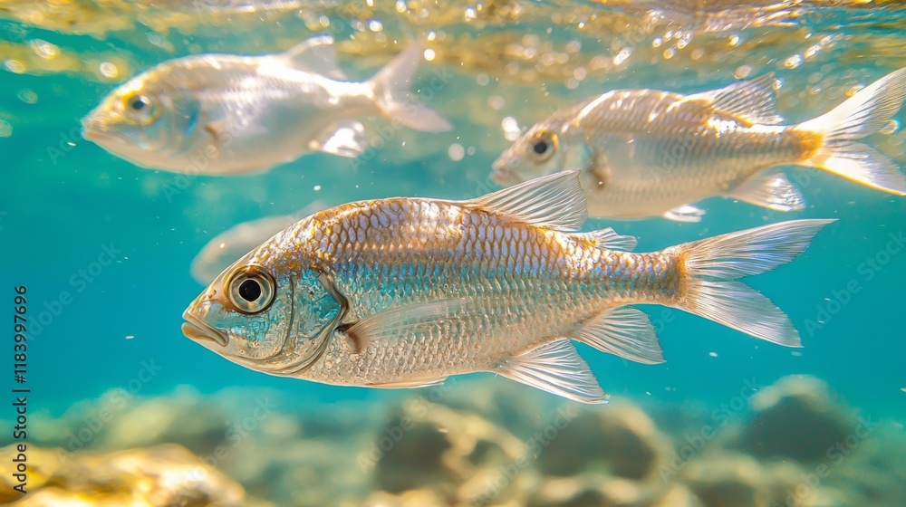 A school of silver fish glimmers as they swim playfully in clear, turquoise waters. Sunlight filters through, creating enchanting patterns, while the vibrant underwater landscape unfolds A school of silver fish glimmers as they swim playfully in clear, turquoise waters. Sunlight filters through, creating enchanting patterns, while the vibrant underwater landscape unfolds