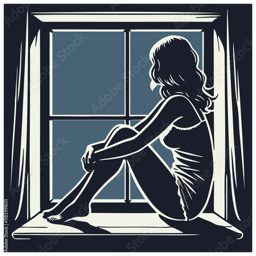 Woman Sitting Windowsill Illustration.
