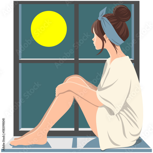 Woman Sitting Windowsill Illustration.
