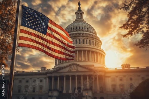 Amerikanische Flagge und das Kapitol bei Sonnenuntergang – Symbolik und Geschichte