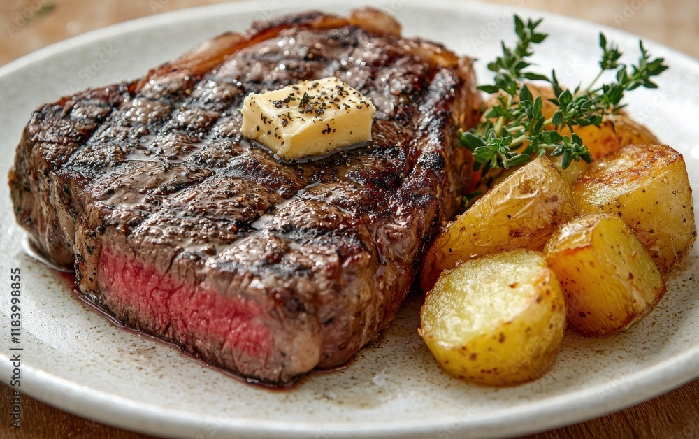 A medium-rare porterhouse steak served with a truffle butter dollop, accompanied by golden potato fondant and sprigs of thyme on a textured white plate A medium-rare porterhouse steak served with a truffle butter dollop, accompanied by golden potato fondant and sprigs of thyme on a textured white plate