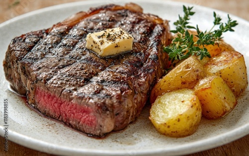 A medium-rare porterhouse steak served with a truffle butter dollop, accompanied by golden potato fondant and sprigs of thyme on a textured white plate photo