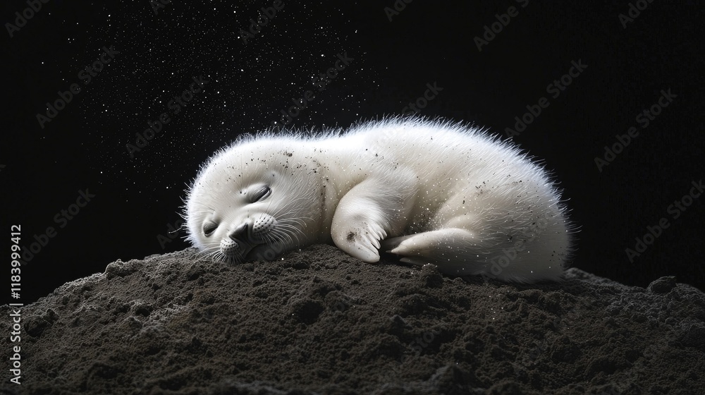 White seal pup resting peacefully on a dark rock, surrounded by soft light and gentle mist. Generative by AI. White seal pup resting peacefully on a dark rock, surrounded by soft light and gentle mist. Generative by AI.