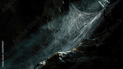 A hairy spider crawling in its webbed lair, surrounded by misty darkness and fine web details. Generative by AI. photo