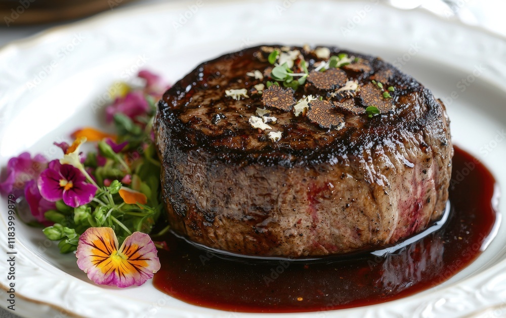 A perfectly cooked filet mignon elegantly plated with a red wine reduction, truffle shavings, and edible flowers, served on a white porcelain plate A perfectly cooked filet mignon elegantly plated with a red wine reduction, truffle shavings, and edible flowers, served on a white porcelain plate