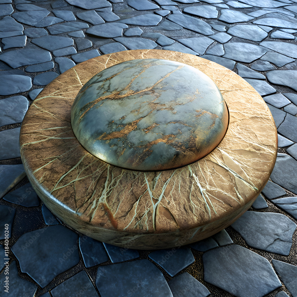 A Circular Stone Object on a Cobblestone Path. A Circular Stone Object on a Cobblestone Path.