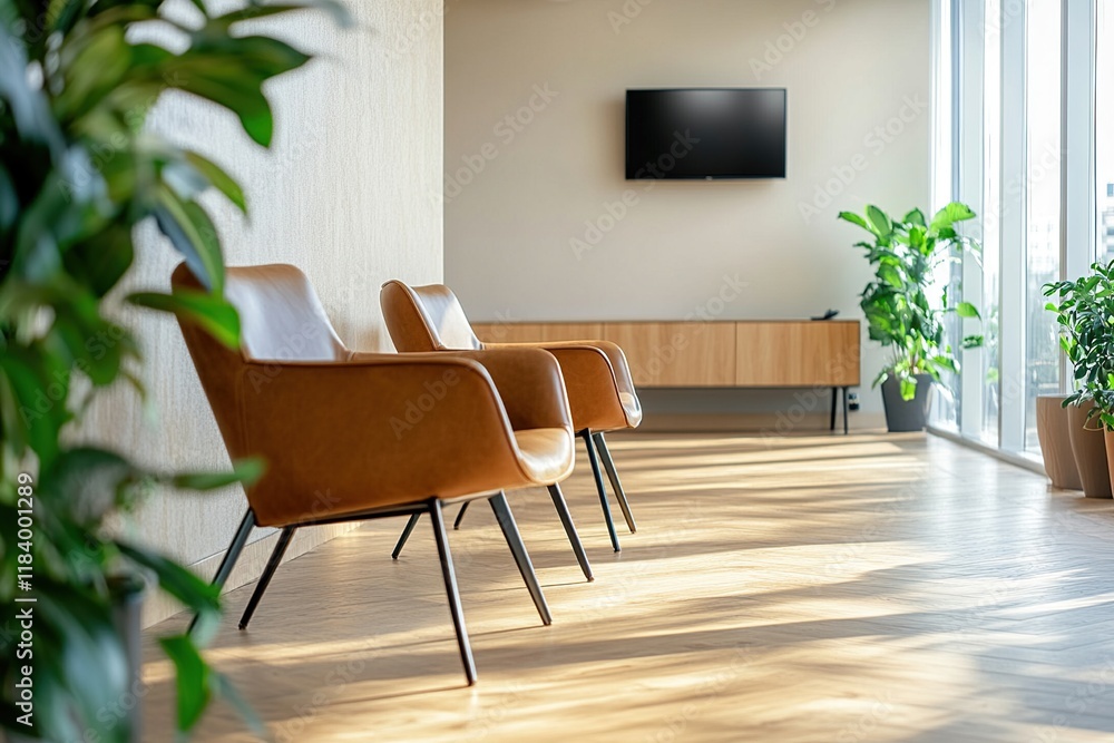 Modern Office Interior Design: Stylish Leather Chairs in Sunlit Room with Plants, Minimalist Wooden Cabinet, and Large Windows. Modern Office Interior Design: Stylish Leather Chairs in Sunlit Room with Plants, Minimalist Wooden Cabinet, and Large Windows.