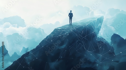 A confident business leader standing on a high platform, overlooking a complex network of paths and challenges, symbolizing calculated risk-taking and visionary leadership 