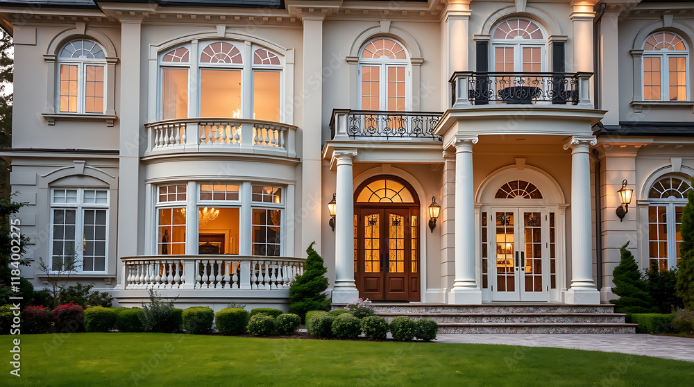 Obraz premium Exterior View of a Large Beige Mansion at Dusk