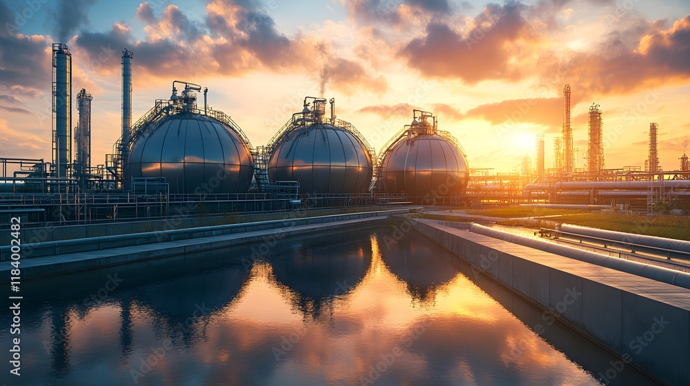 Fototapeta premium A modern carbon capture facility with large storage tanks and filtration systems, illustrating the process of capturing carbon emissions as part of offset programs to support global carbon neutrality 