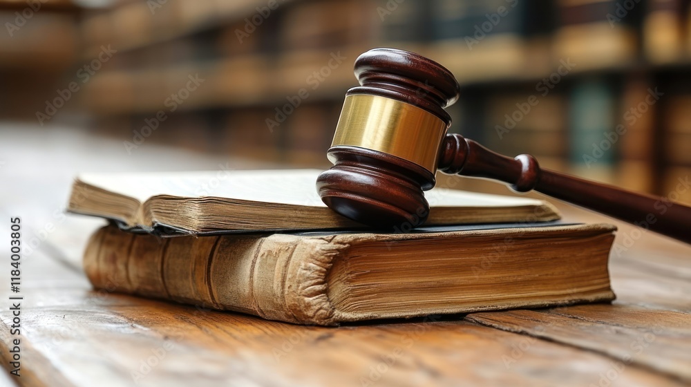 Judge's gavel rests on antique law books in a library Judge's gavel rests on antique law books in a library