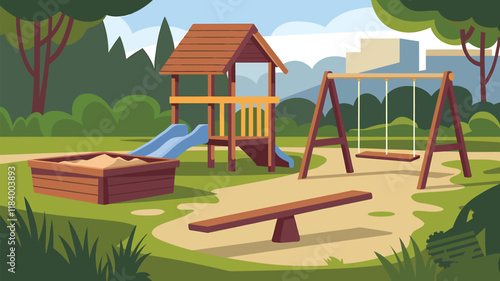 Flat kids playground in park with sandbox, slide and swing, wooden seesaw , flat illustration, digital art