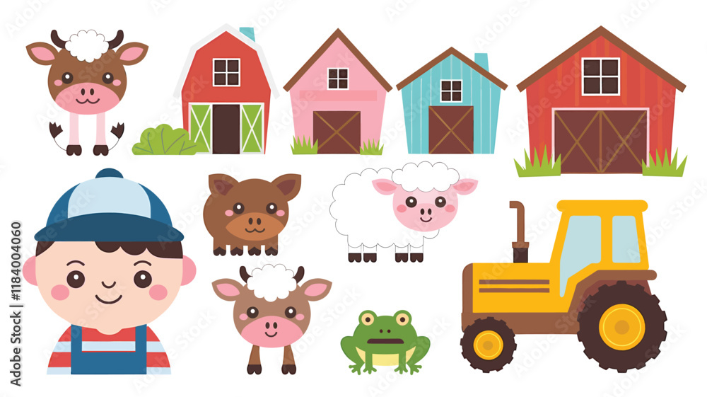 A flat illustration of a farm setting with cute animals, a farmer character, barn houses, a yellow tractor, and a scarecrow A flat illustration of a farm setting with cute animals, a farmer character, barn houses, a yellow tractor, and a scarecrow