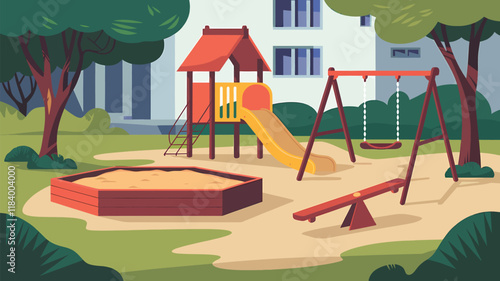 Flat kids playground in park with sandbox, slide and swing, wooden seesaw , flat illustration, digital art