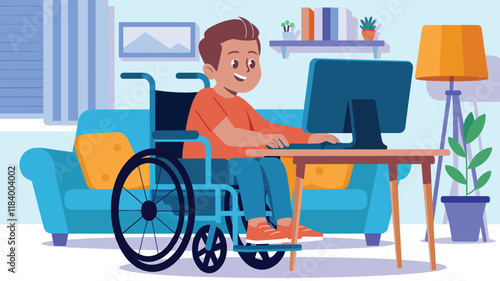 A perfect flat illustration of a disabled kid sitting on a wheelchair and learning with a computer from home 
