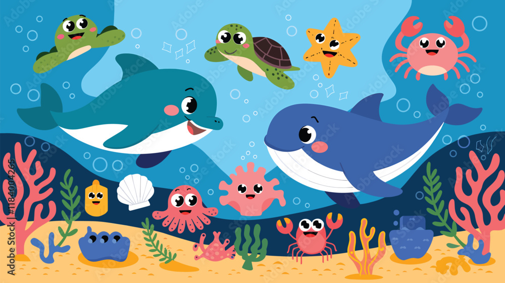 Set of Ocean life with funny characters of turtle, octopus, starfish, crab and squid, Happy dolphin and whale under ocean water, flat illustration, digital art Set of Ocean life with funny characters of turtle, octopus, starfish, crab and squid, Happy dolphin and whale under ocean water, flat illustration, digital art