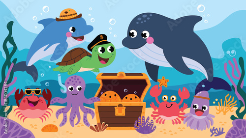 Set of Ocean life with funny characters of turtle, octopus, starfish, crab and squid, Happy dolphin and whale under ocean water, flat illustration, digital art