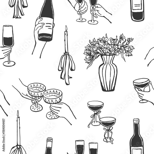 Hand drawn hands holding drink glasses and bottle seamless pattern. Festive design for holidays, romantic Valentine's Day design, wrapping paper, gift paper, textile