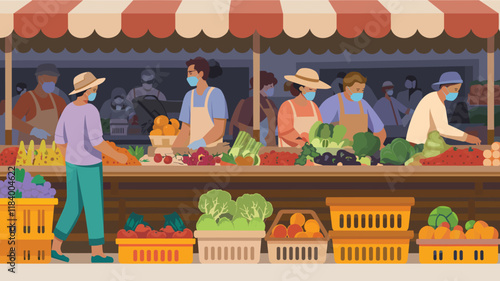A vector illustration of a farmer's local food stall with various fruits and vegetables 