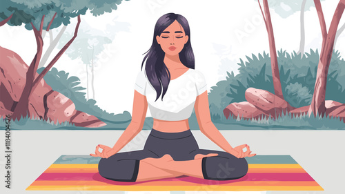 Young woman sits in lotus pose, goes yoga, Flat vector illustration, watercolor texture 
