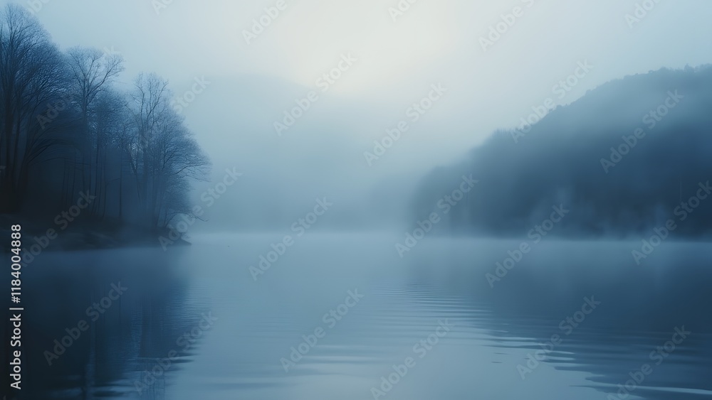 Fototapeta premium Serene Misty Morning Lake Scene, Navy Blue Water, Foggy Trees, Calm Reflections
