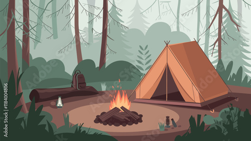 Flat vector illustration of an empty forest campsite featuring a pitched tent and a bonfire