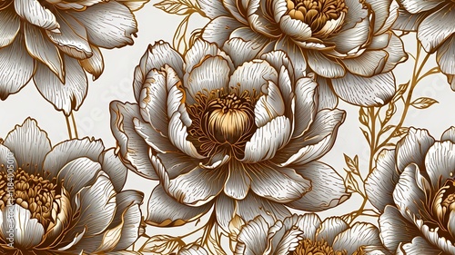 Luxury golden peony flower line art on white background vector. Natural botanical elegant flower with gold foil texture. Design illustration for decoration, wall decor, wallpaper, cover, banner.