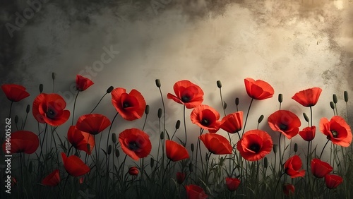 Wallpaper Mural Remembrance Day Poppies, Dramatic Red Flowers Swaying in a Solemn Breeze Against Weathered Stone and Brick, with Subtle Vintage WWI Soldier Photographs Integrated. Melancholy Remembrance Day Artwork Torontodigital.ca