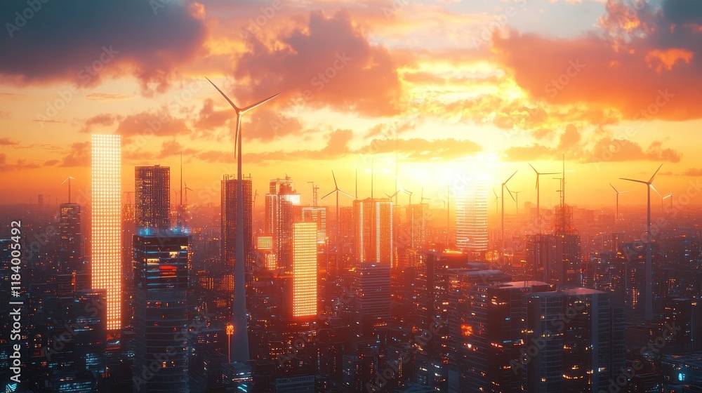 Fototapeta premium Sunset over a futuristic city powered by wind turbines