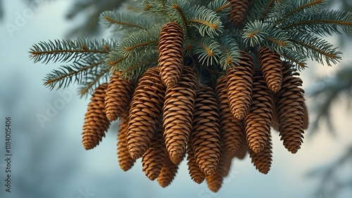 Golden Brown and Olive Green Pine Cones Cluster on Winter Spruce Branch - Detailed Texture, Soft Blue Sky Background photo