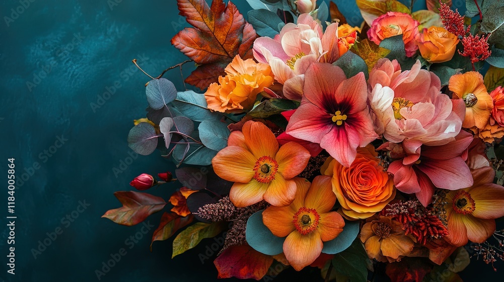 Autumn leaves and fall flowers in a bouquet, warm and seasonal colors Autumn leaves and fall flowers in a bouquet, warm and seasonal colors
