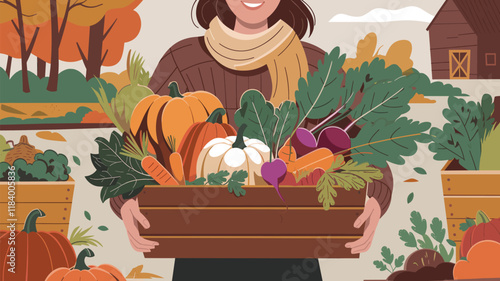 A warm and vibrant illustration of a woman holding a wooden box filled with fresh autumn vegetables