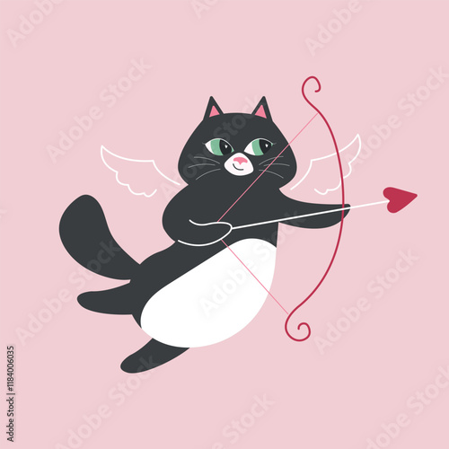 cute cartoon valentine cupid vector cat with angel wings. flying romantic kitten in love
