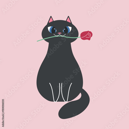 cartoon vector cute st valentines day black cat with rose in mouth. romantic kitten clipart