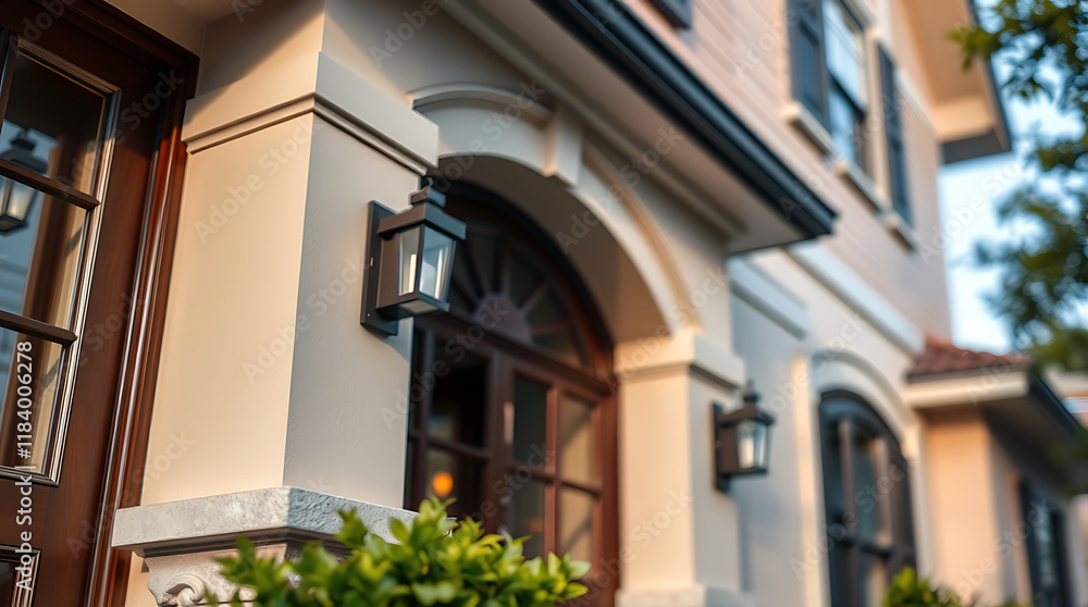 Close-up of a tan-colored house's exterior, featuring arched entryways with dark wood doors and black wall-mounted lanterns.  A portion of a neighboring house is visible in the background.