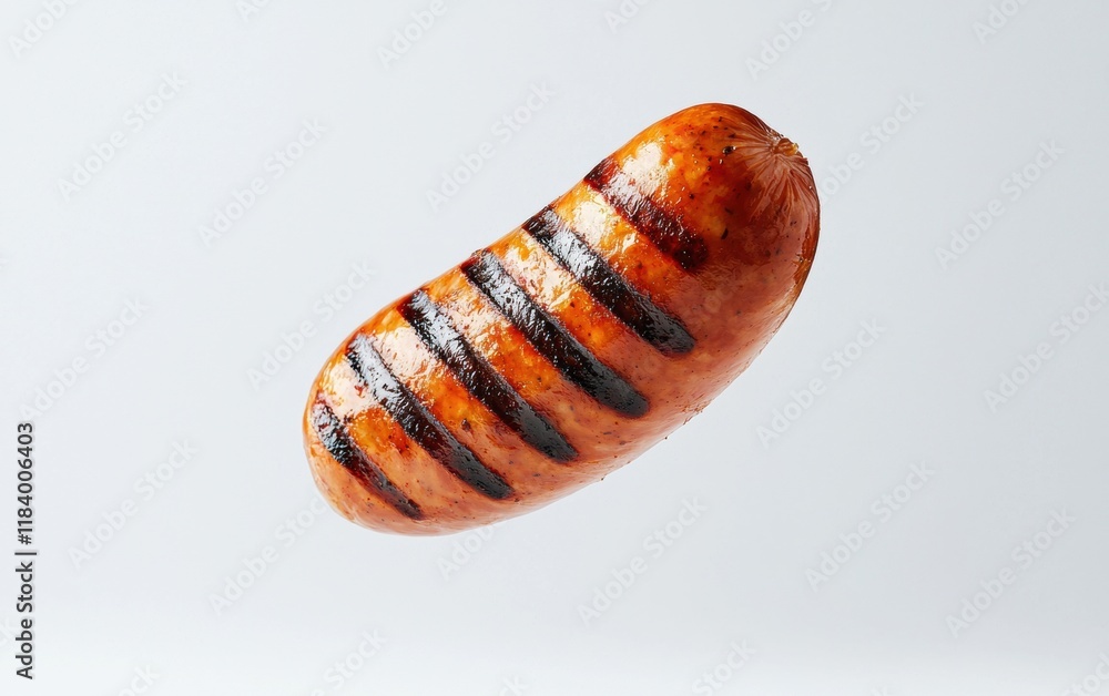A single sausage floating mid-air on a bright white background, perfectly cooked with grill marks A single sausage floating mid-air on a bright white background, perfectly cooked with grill marks