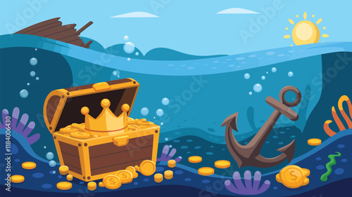 Cartoon underwater world with open pirate treasure chest, illustration
