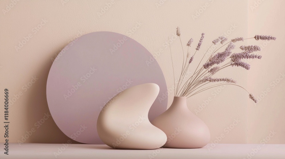 Soft, flowing shapes in blush pink create a serene atmosphere. A round backdrop complements a unique vase, enhancing the minimalist decor with delicate dried flowers Soft, flowing shapes in blush pink create a serene atmosphere. A round backdrop complements a unique vase, enhancing the minimalist decor with delicate dried flowers